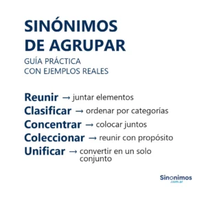 Imagen con sinónimos de agrupar: reunir, clasificar, concentrar, coleccionar y unificar.
