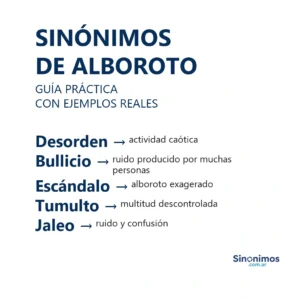 Imagen con sinónimos de alboroto: desorden, bullicio, escándalo, tumulto y jaleo, acompañados de definiciones.