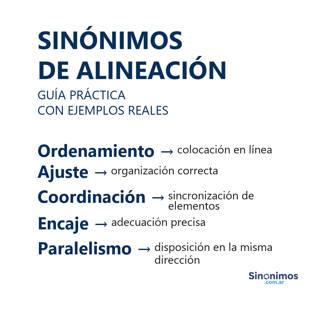 Imagen con sinónimos de alineación: ordenamiento, ajuste, coordinación, encaje y paralelismo.