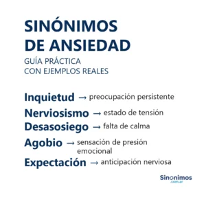 Imagen con sinónimos de ansiedad: inquietud, nerviosismo, desasosiego, agobio y expectación, junto a definiciones breves.