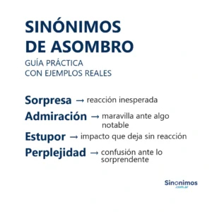 Imagen con sinónimos de asombro: sorpresa, admiración, estupor y perplejidad, con una breve definición de cada término.