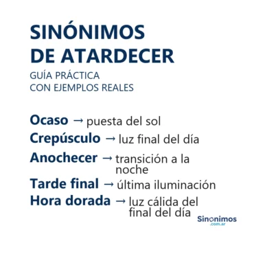 Sinónimos de “atardecer”: ocaso, crepúsculo, anochecer, tarde final y hora dorada.