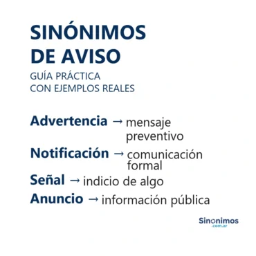 Infografía con sinónimos de “aviso”: advertencia, notificación, señal y anuncio, cada uno con su explicación.