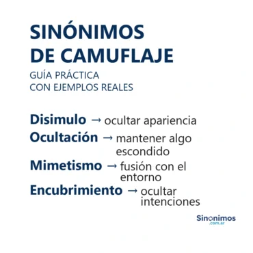 Sinónimos de camuflaje: disimulo, ocultación, mimetismo y encubrimiento.
