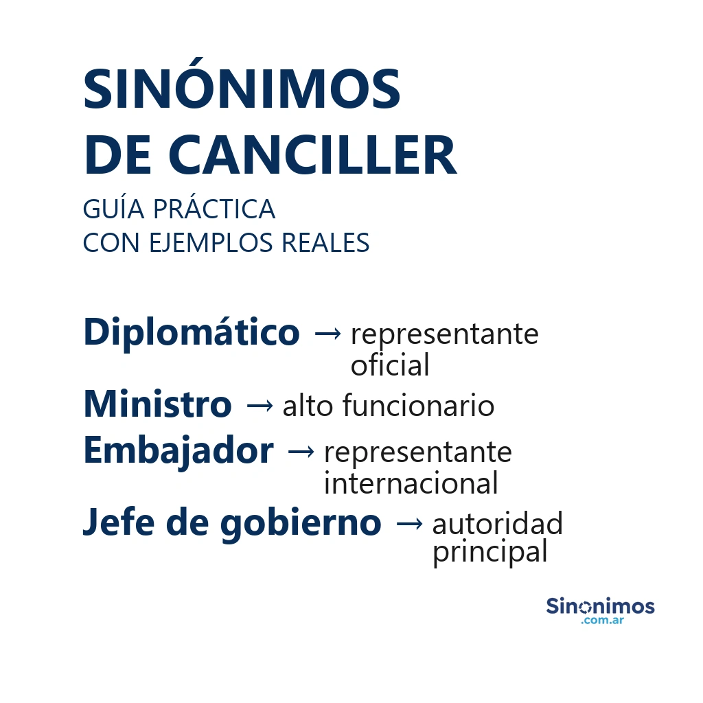 Sinónimos de canciller: diplomático, ministro, embajador y jefe de gobierno.