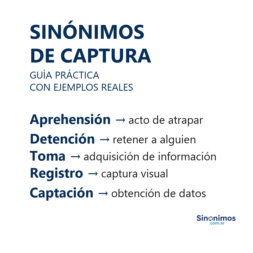 Sinónimos de captura: aprehensión, detención, toma, registro y captación.
