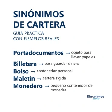 Sinónimos de cartera: portadocumentos, billetera, bolso, maletín y monedero.