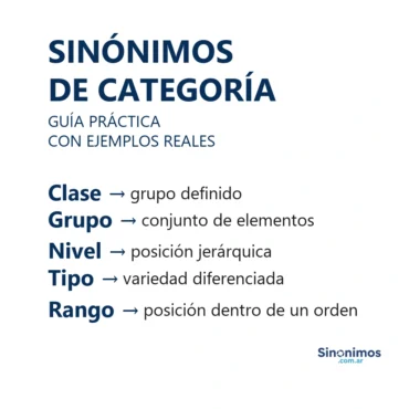 Sinónimos de categoría: clase, grupo, nivel, tipo y rango.