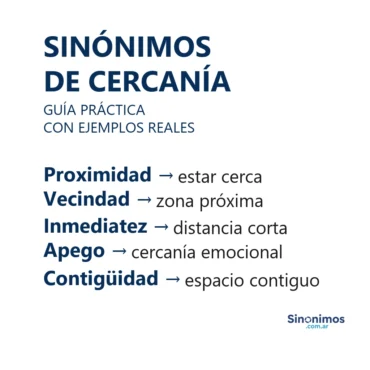 Sinónimos de cercanía: proximidad, vecindad, inmediatez, apego y contigüidad.
