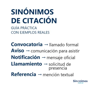 Sinónimos de citación: convocatoria, aviso, notificación, llamamiento y referencia, con sus definiciones.