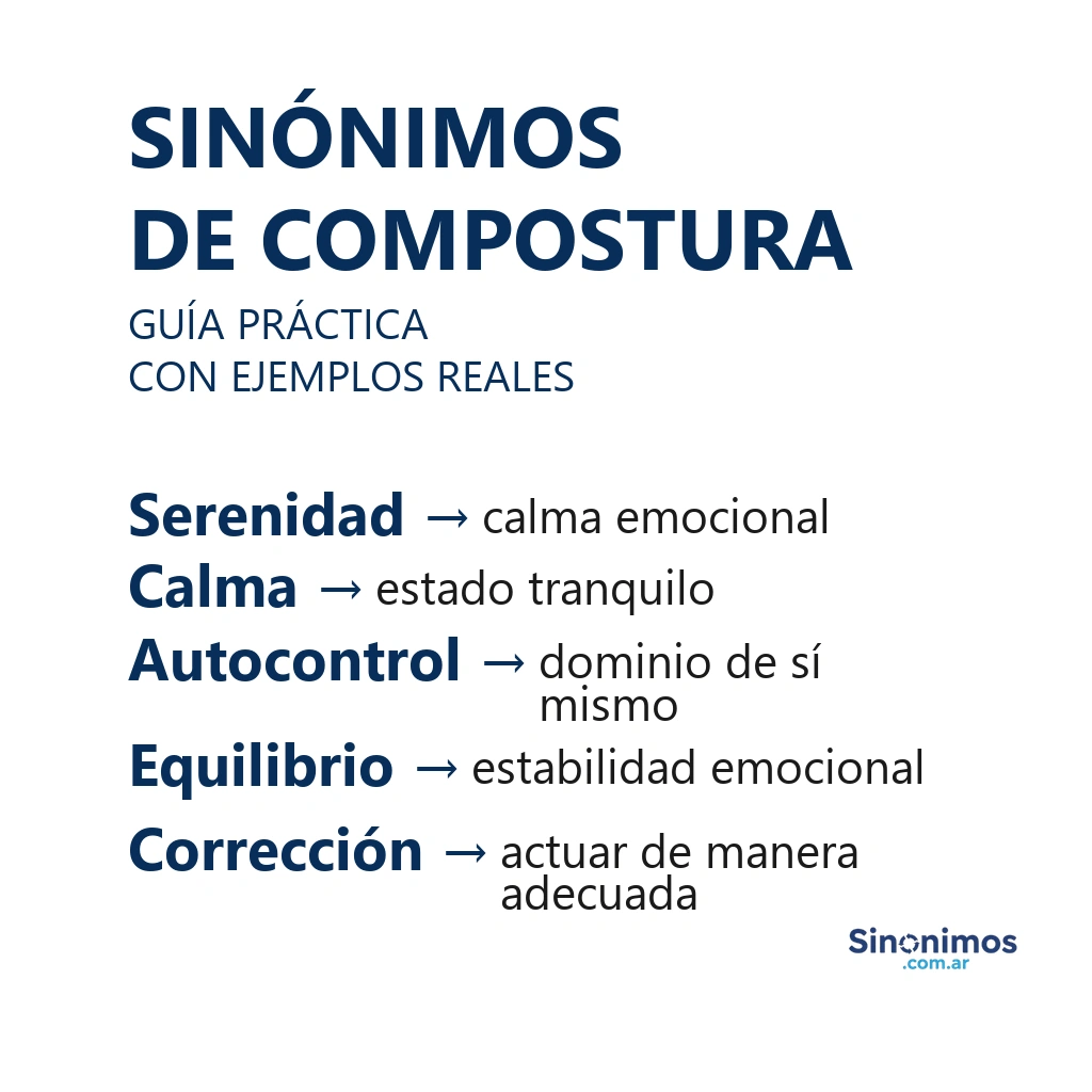 Sinónimos de compostura con definiciones: serenidad, calma, autocontrol, equilibrio y corrección.