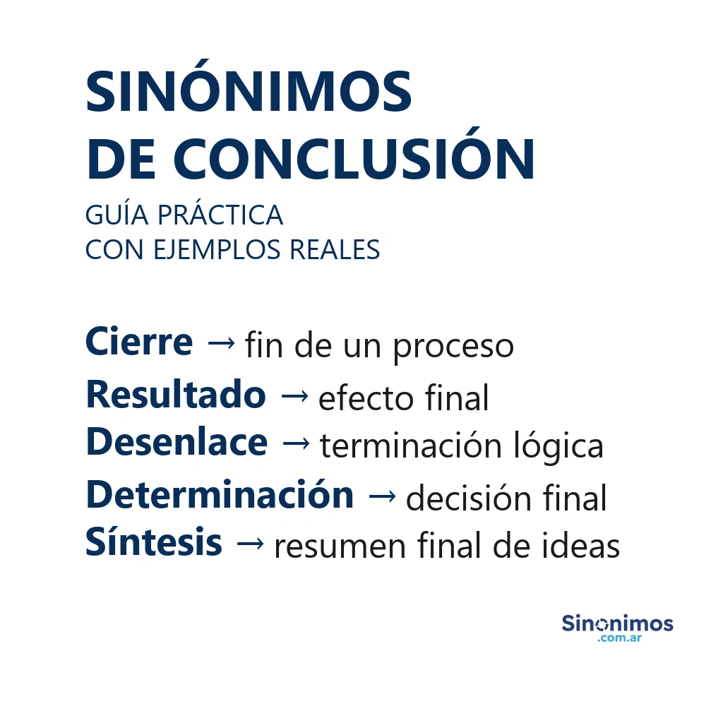 Sinónimos de conclusión: cierre, resultado, desenlace, determinación y síntesis, con explicaciones.