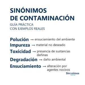 Sinónimos de contaminación: polución, impureza, toxicidad, degradación y ensuciamiento.