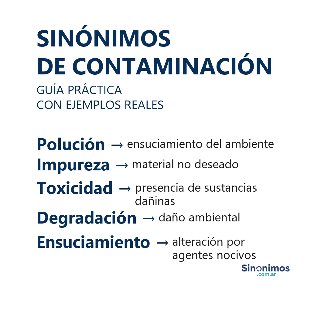 Sinónimos de contaminación: polución, impureza, toxicidad, degradación y ensuciamiento.