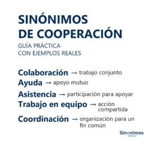 Sinónimos de cooperación con ejemplos: colaboración, ayuda, asistencia, trabajo en equipo y coordinación.