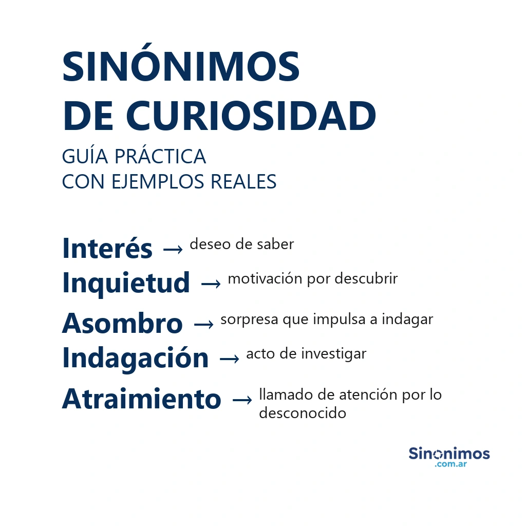 “Sinónimos de curiosidad: interés, inquietud, asombro, indagación y atraimiento, con definiciones.”