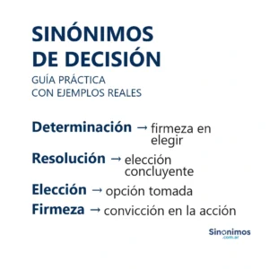 Sinónimos de decisión: determinación, resolución, elección y firmeza, acompañados de definiciones.