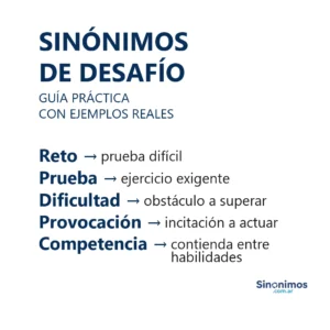 Imagen con sinónimos de “desafío”: reto, prueba, dificultad, provocación y competencia, con definiciones breves.