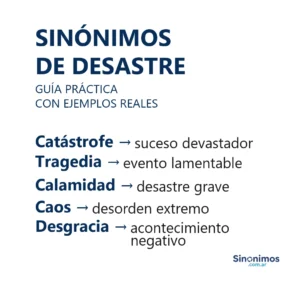 Imagen con sinónimos de “desastre”: catástrofe, tragedia, calamidad, caos y desgracia, con definiciones cortas.