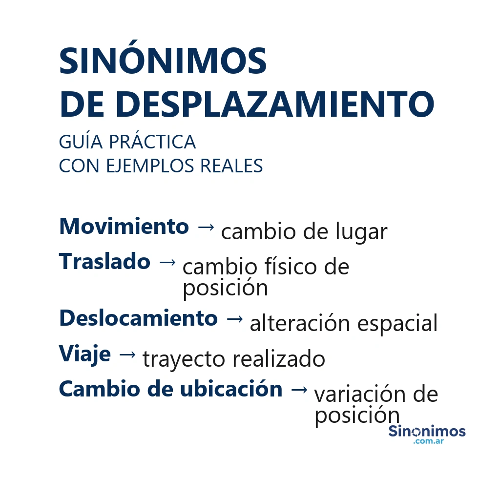 Imagen con sinónimos de “desplazamiento”: movimiento, traslado, deslocamiento, viaje y cambio de ubicación.