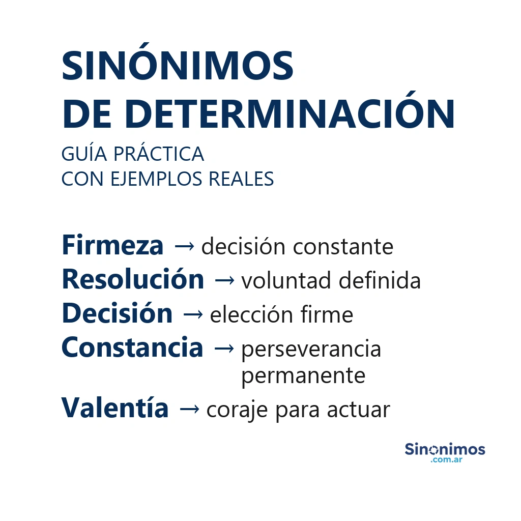 Sinónimos de determinación: firmeza, resolución, decisión, constancia y valentía.