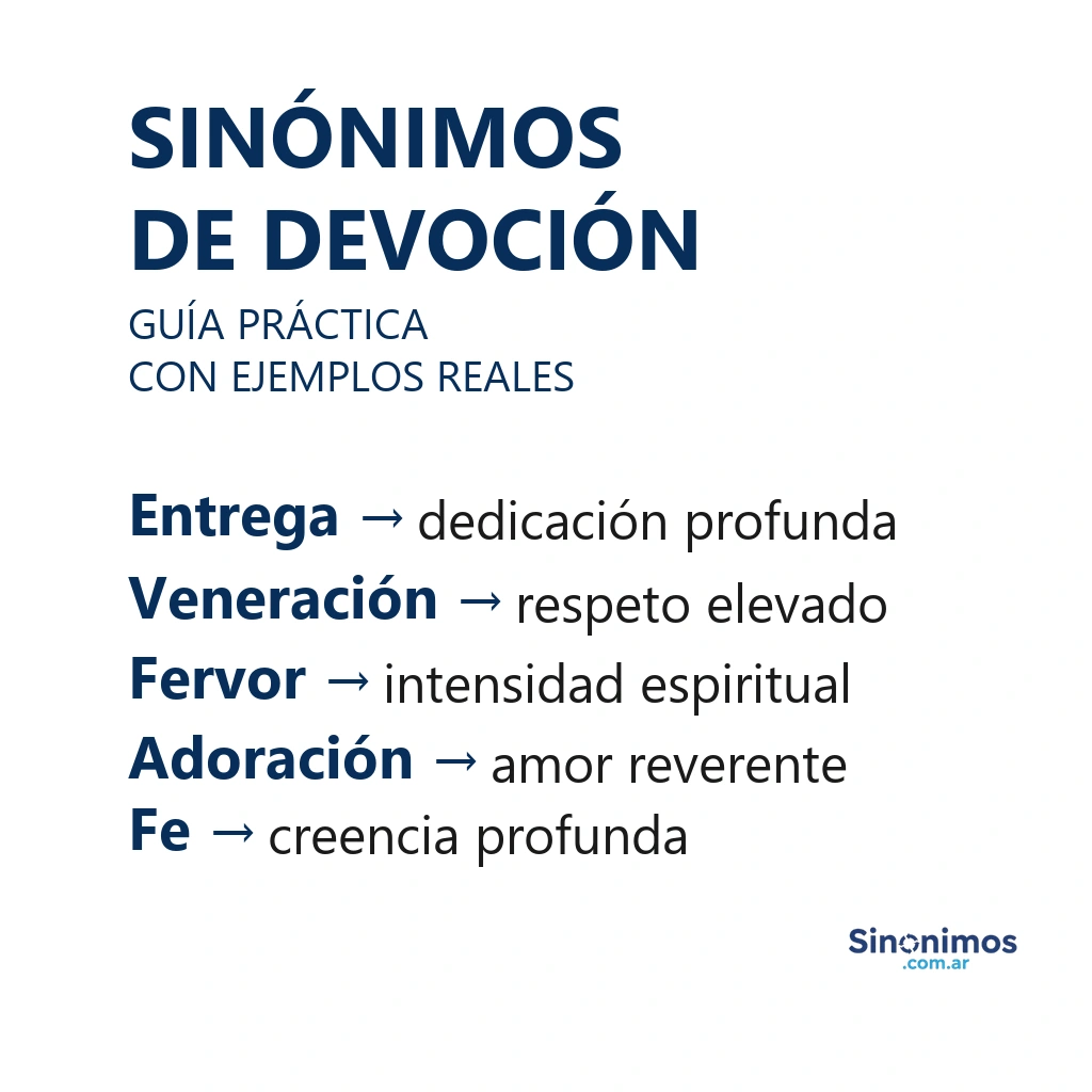 Sinónimos de devoción: entrega, veneración, fervor, adoración y fe.