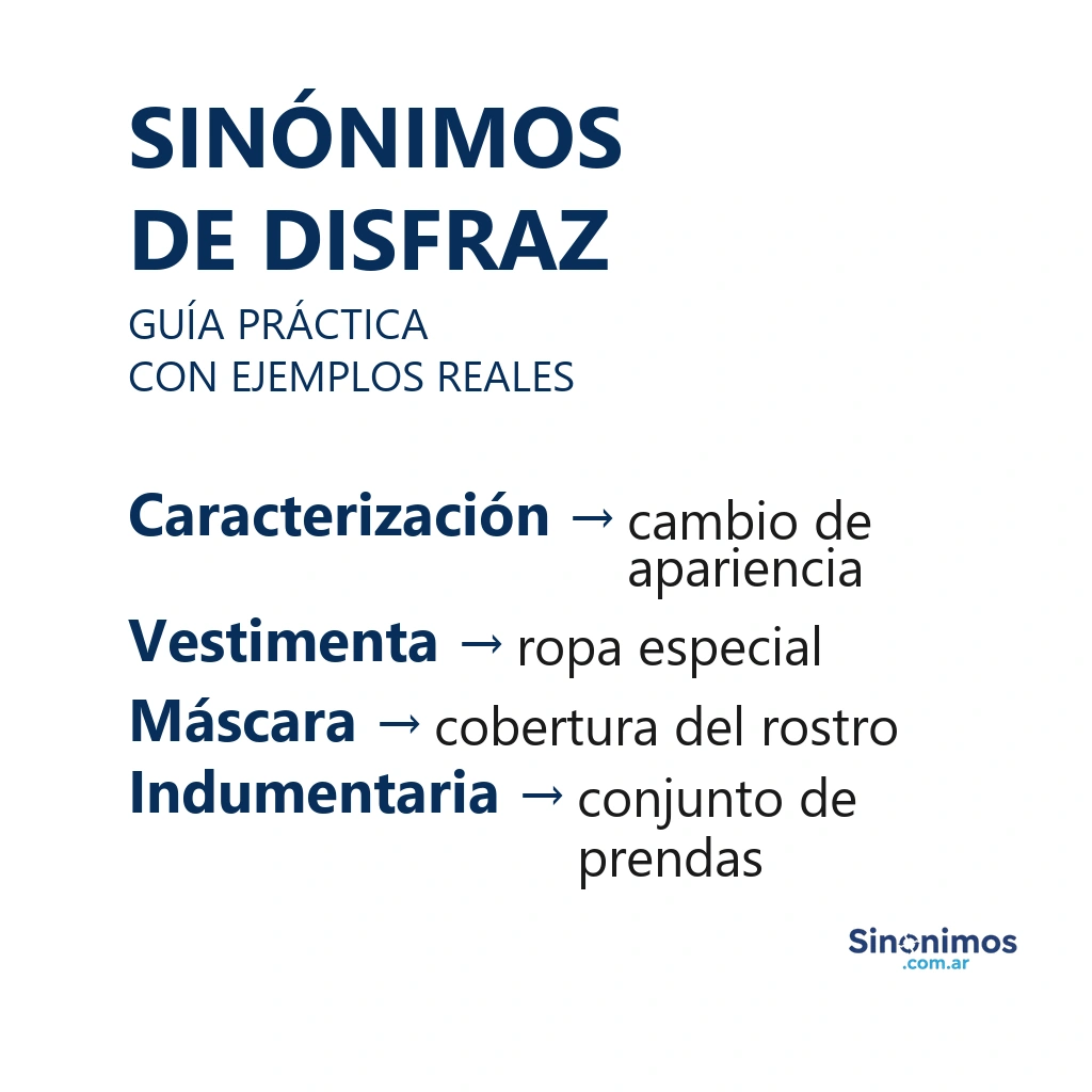 Imagen con sinónimos de disfraz: caracterización, vestimenta, máscara e indumentaria.
