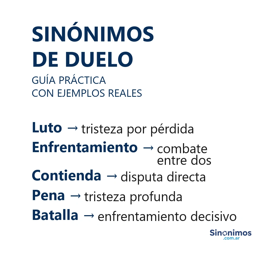 Imagen con sinónimos de duelo: luto, enfrentamiento, contienda, pena y batalla.