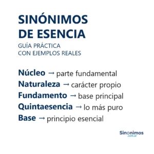 Imagen con sinónimos de esencia: núcleo, naturaleza, fundamento, quintaesencia y base.
