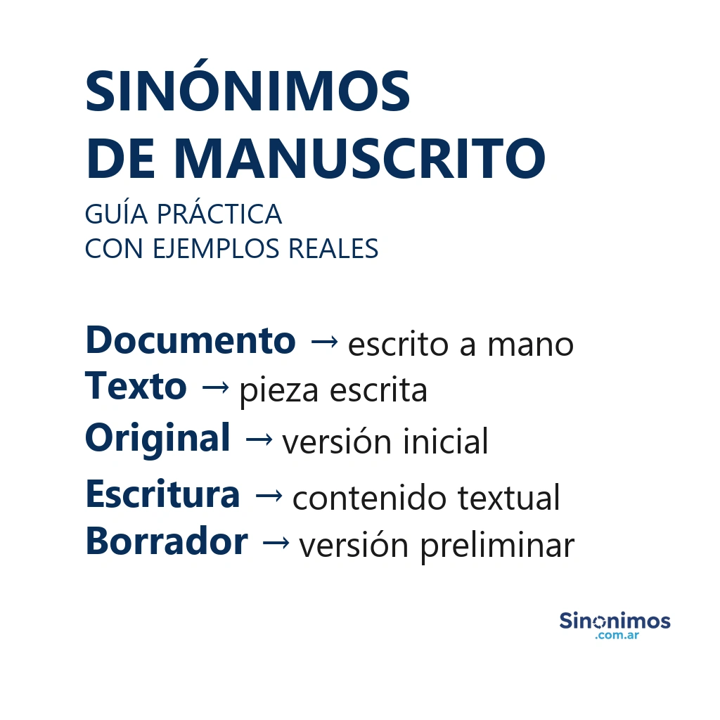 Sinónimos de manuscrito como texto original, documento escrito y borrador