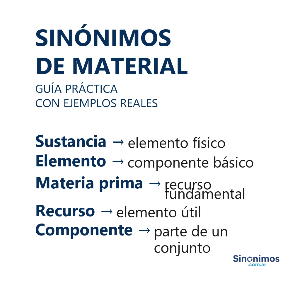 Sinónimos de material como elemento, sustancia, recurso, insumo y componente