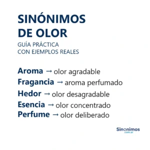 Sinónimos de olor: aroma, fragancia, hedor, esencia y perfume.