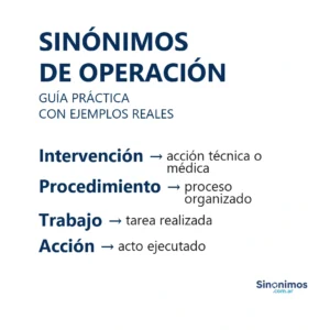 Sinónimos de operación: intervención, procedimiento, trabajo y acción.