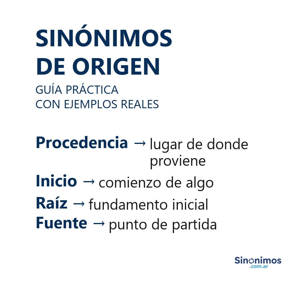 Sinónimos de origen: comienzo, procedencia, causa, raíz y nacimiento.