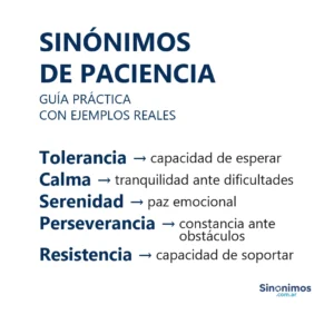 Sinónimos de paciencia: calma, tolerancia, serenidad, aguante y perseverancia.