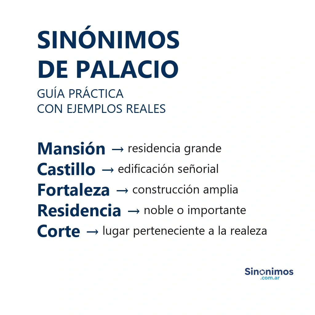 Sinónimos de palacio: mansión, castillo, residencia real, fortaleza y edificio señorial.