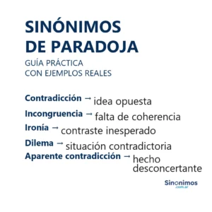 Sinónimos de paradoja: contradicción, incongruencia, dilema, ironía y situación ilógica.