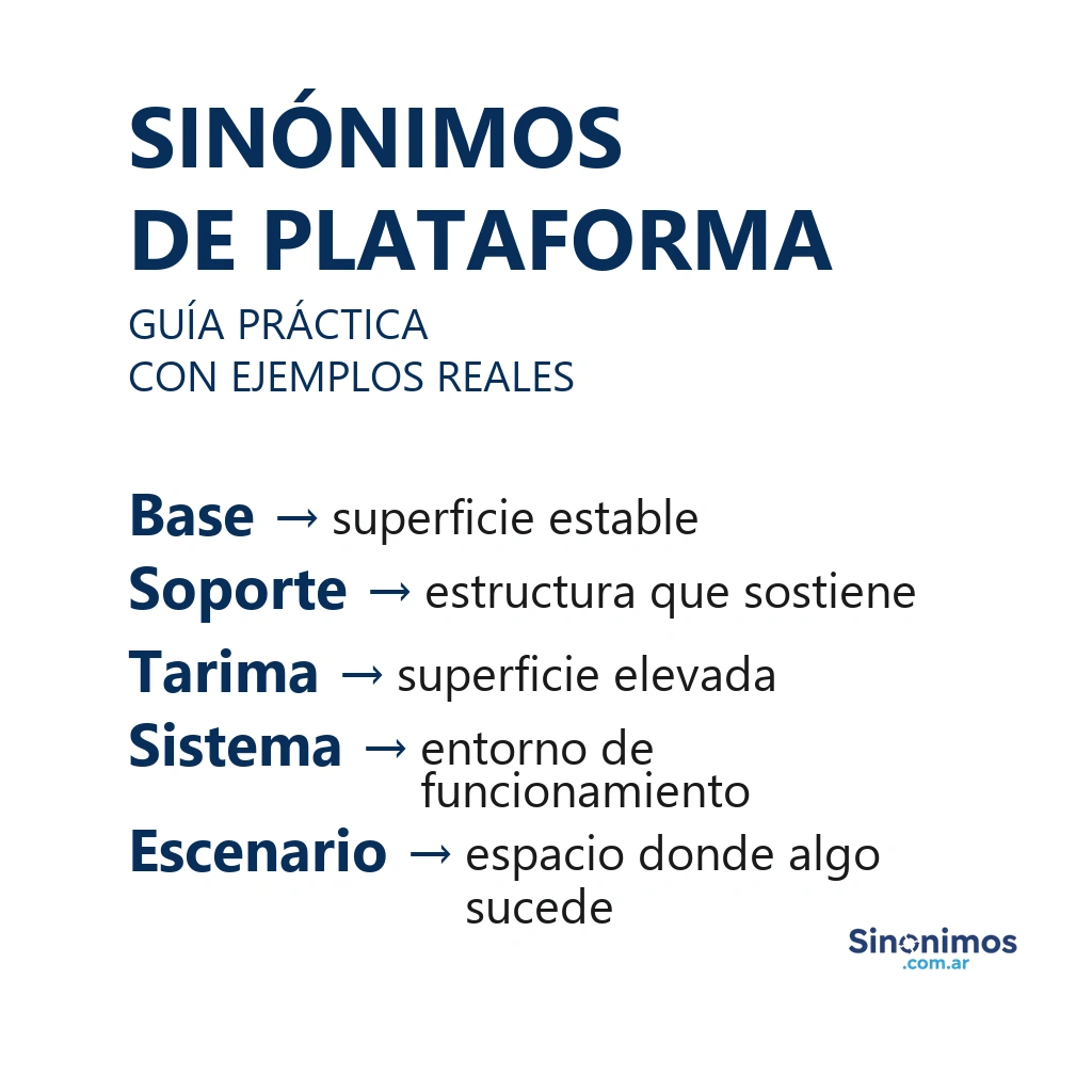 Infografía con sinónimos de “plataforma”: base, soporte, tarima, sistema y escenario, con aclaraciones simples.