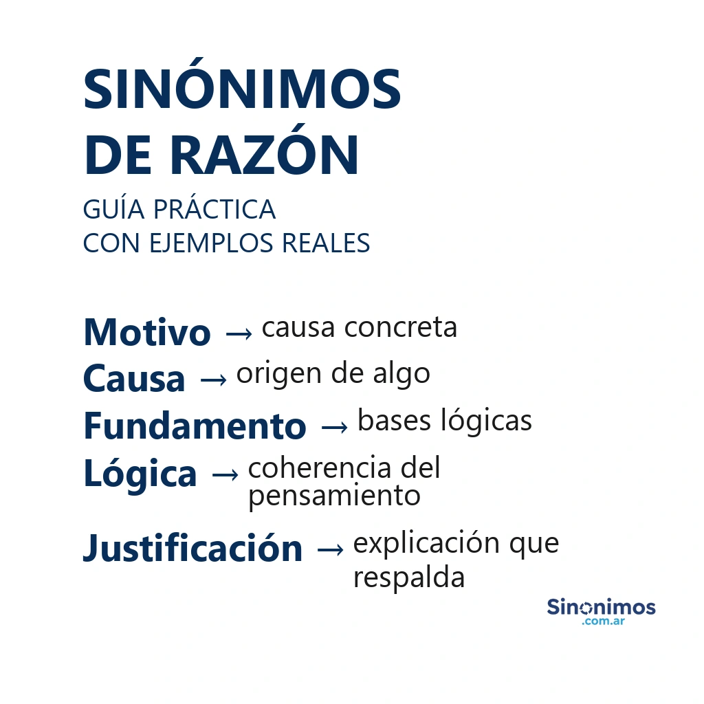 Imagen con sinónimos de razón: motivo, causa, fundamento, lógica y justificación, acompañados de definiciones.