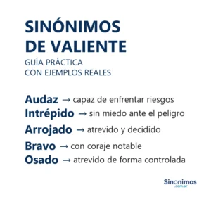Imagen que presenta sinónimos de “valiente”: audaz, intrépido, arrojado, bravo y osado, con explicaciones cortas.
